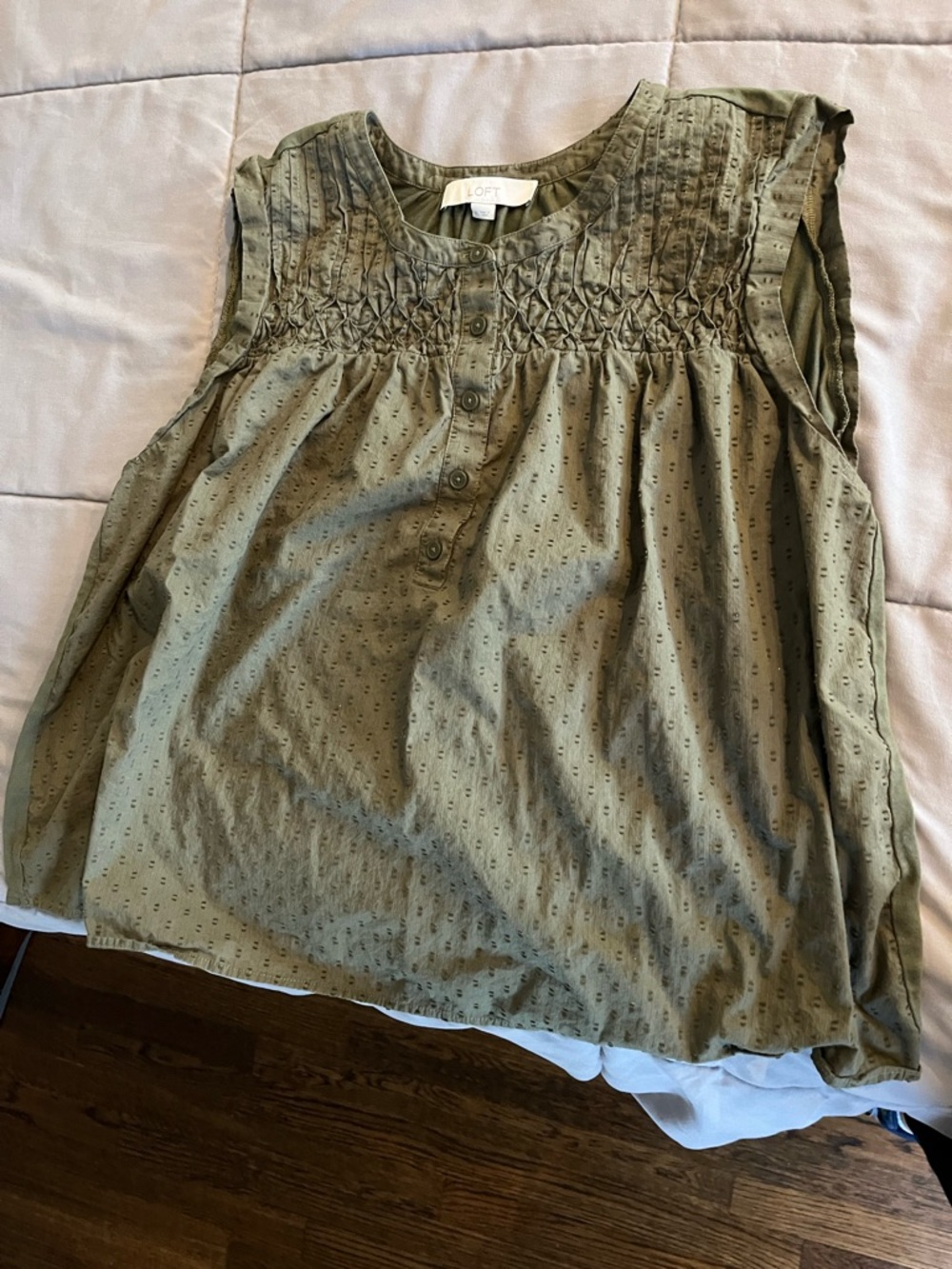 LOFT Olive Green Smocked Yoke Eyelet Sleeveless Blouse